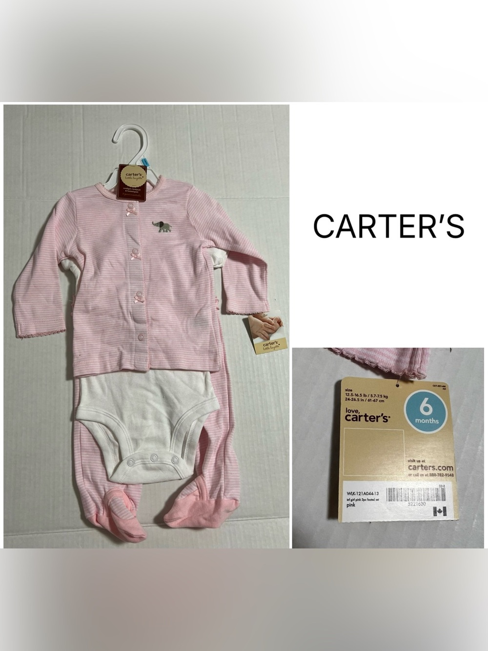 CARTER’S - 6M - NWT - INFANT GIRLS 3PC ELEPHANT CARDIGAN SET